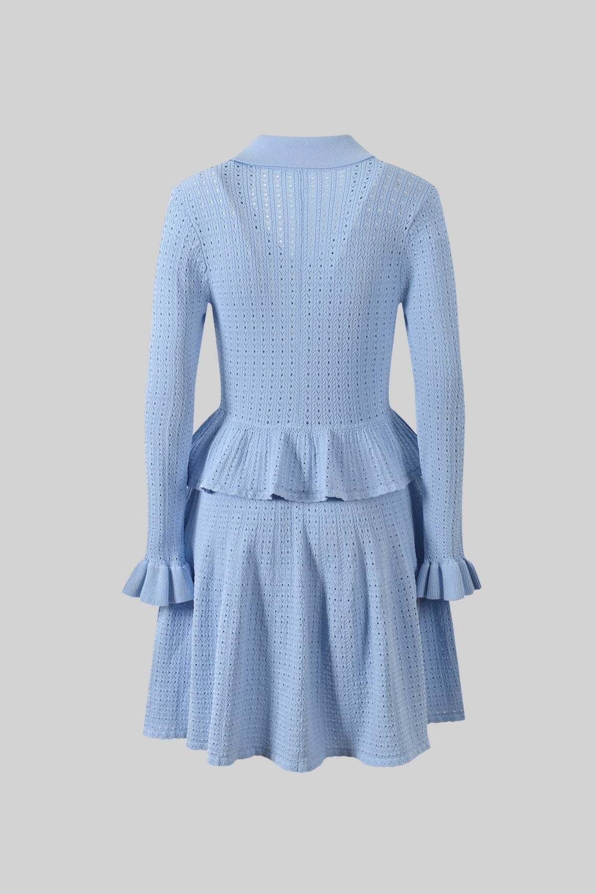 Collared Knit Mini Dress with Peplum Waist and Gold Buttons – Light Blue – view 6