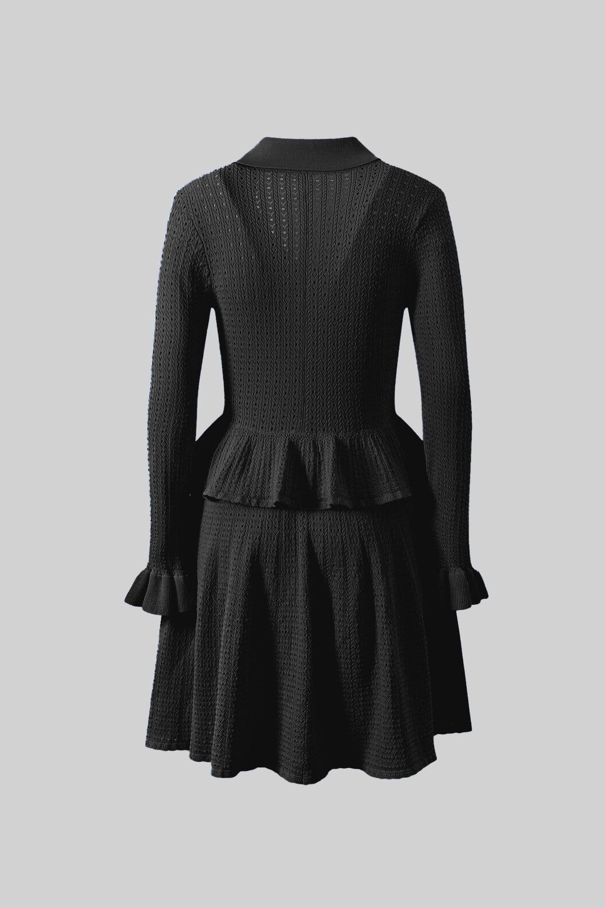 Collared Knit Mini Dress with Peplum Waist and Gold Buttons – Black – view 10