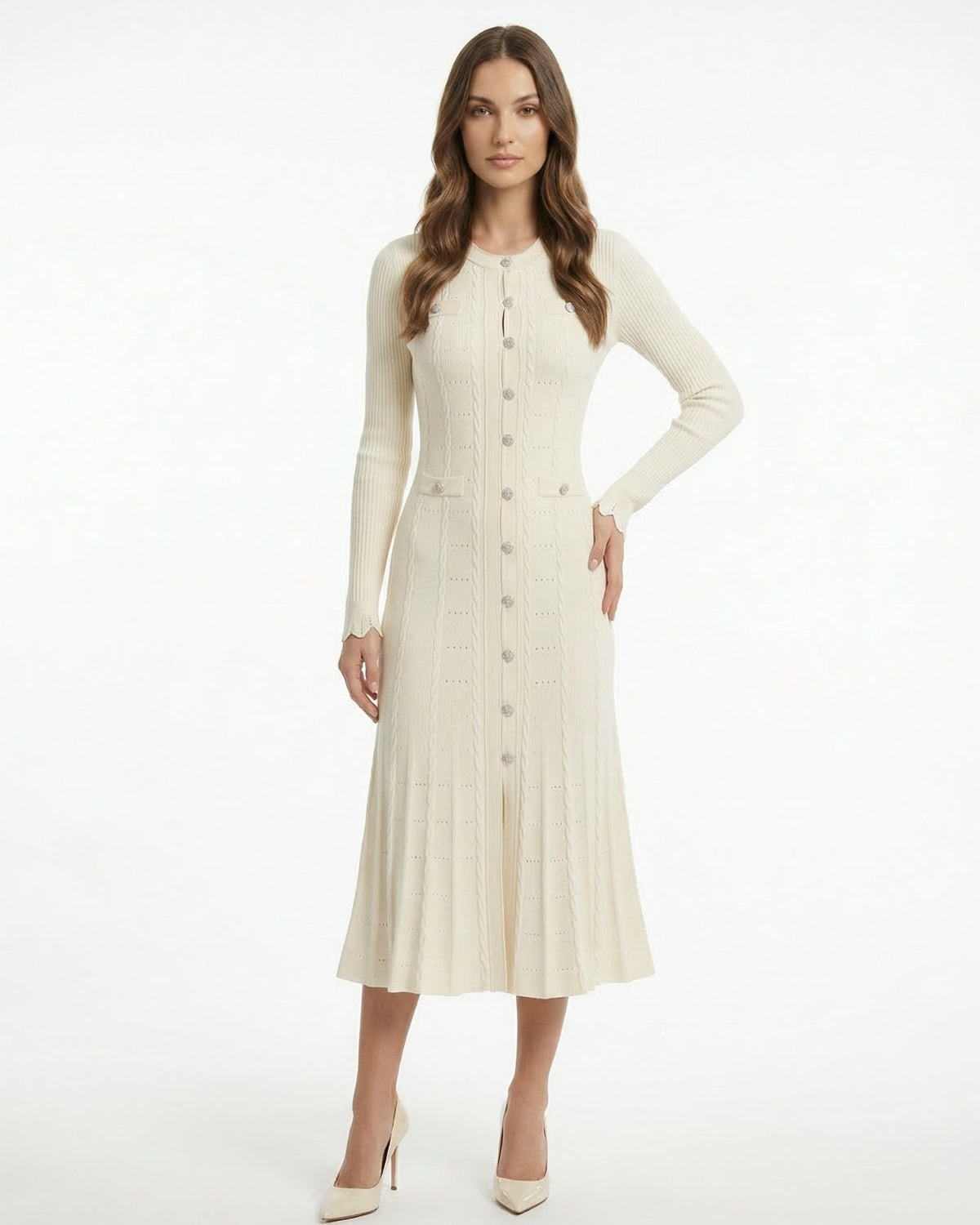 Kiara Long Textured Knit Wool Blend Dress with Relaxed Fit – view 12