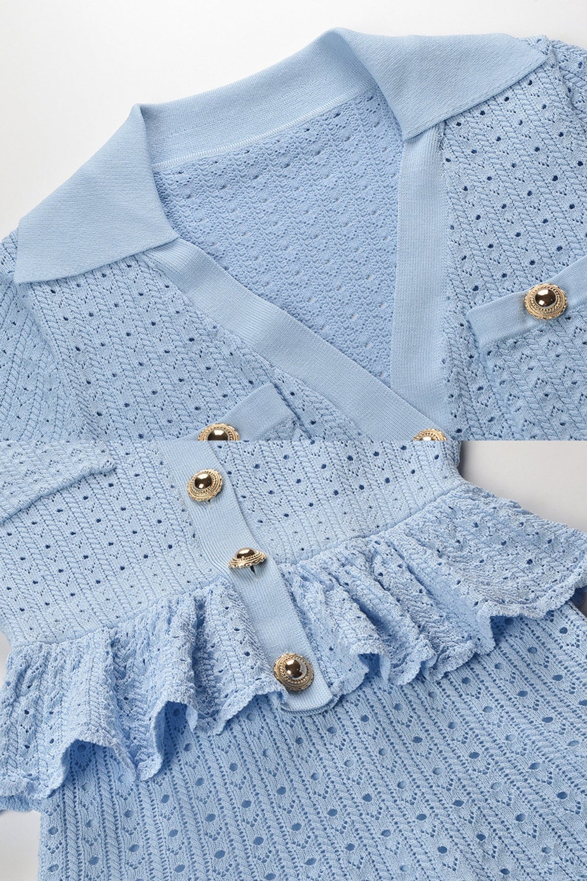 Collared Knit Mini Dress with Peplum Waist and Gold Buttons – Light Blue – view 7