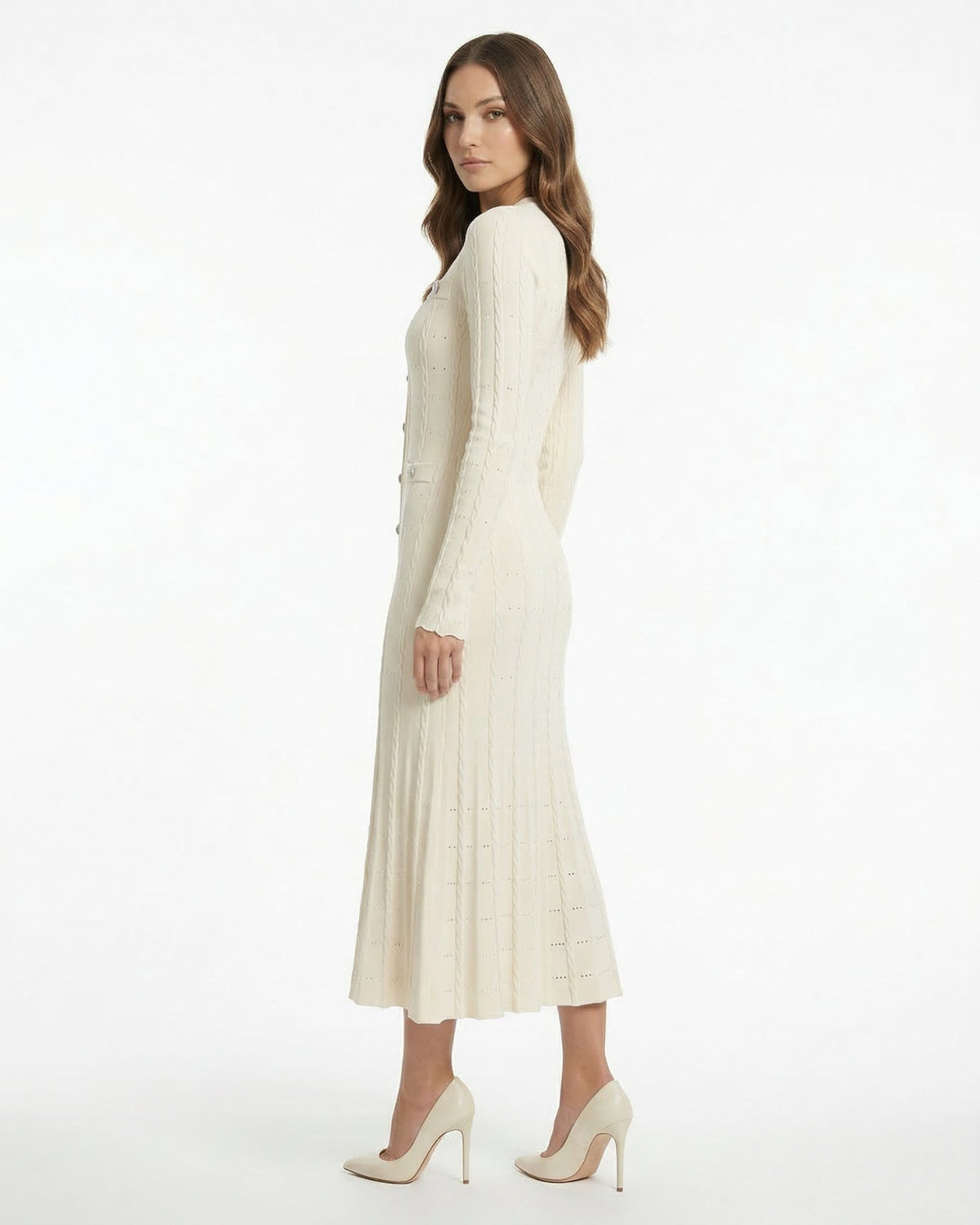 Kiara Long Textured Knit Wool Blend Dress with Relaxed Fit – view 13