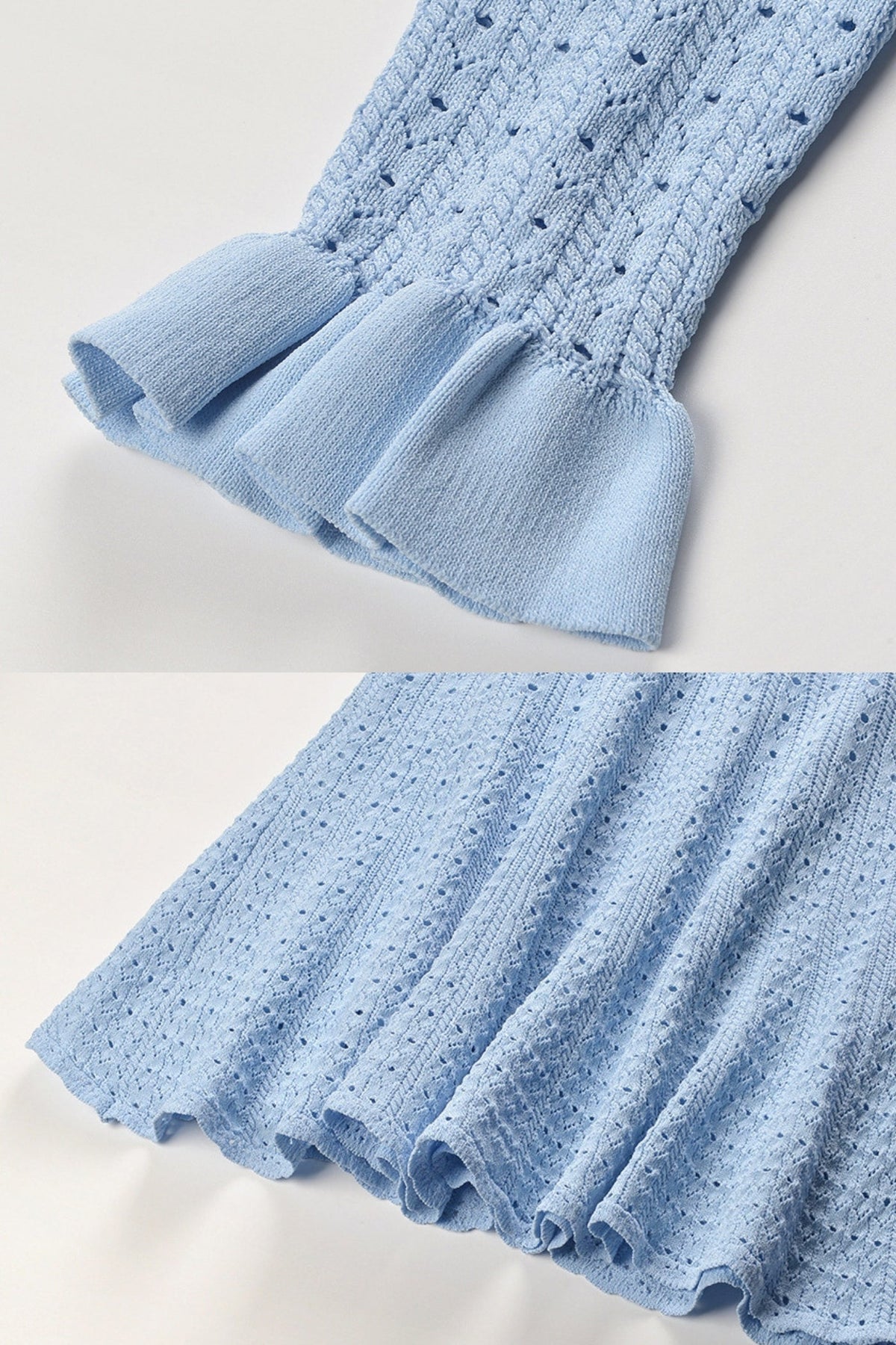 Collared Knit Mini Dress with Peplum Waist and Gold Buttons – Light Blue – view 8