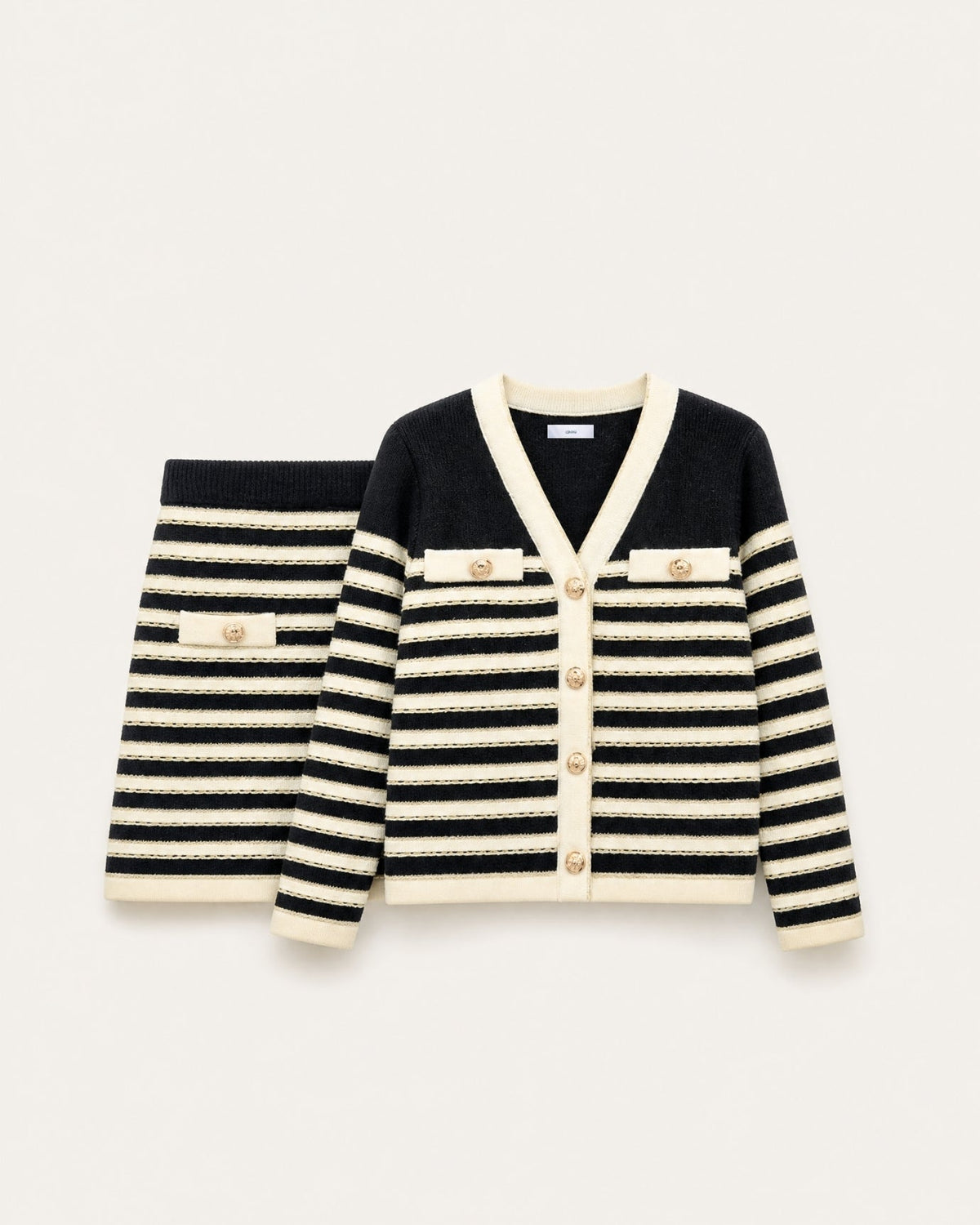 Colour Block Knit Cardigan and Skirt Co-ord Set – Black and Beige – Black/Beige Set – view 1