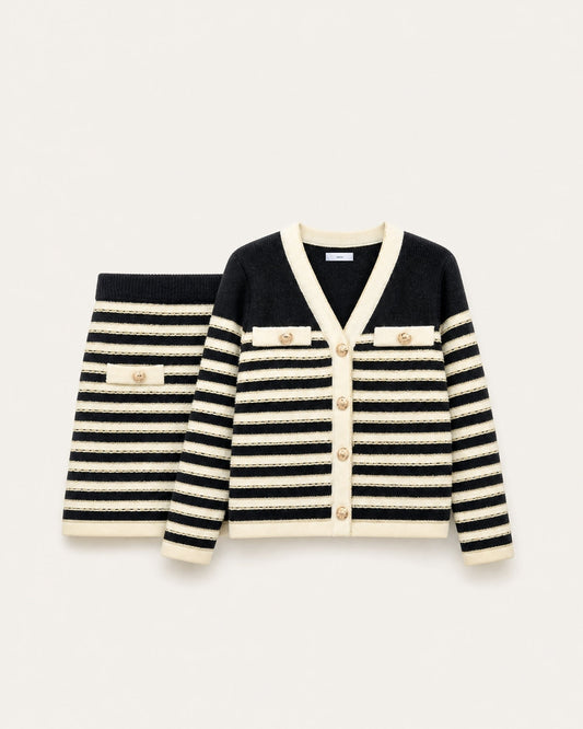Colour Block Knit Cardigan and Skirt Co-ord Set – Black and Beige