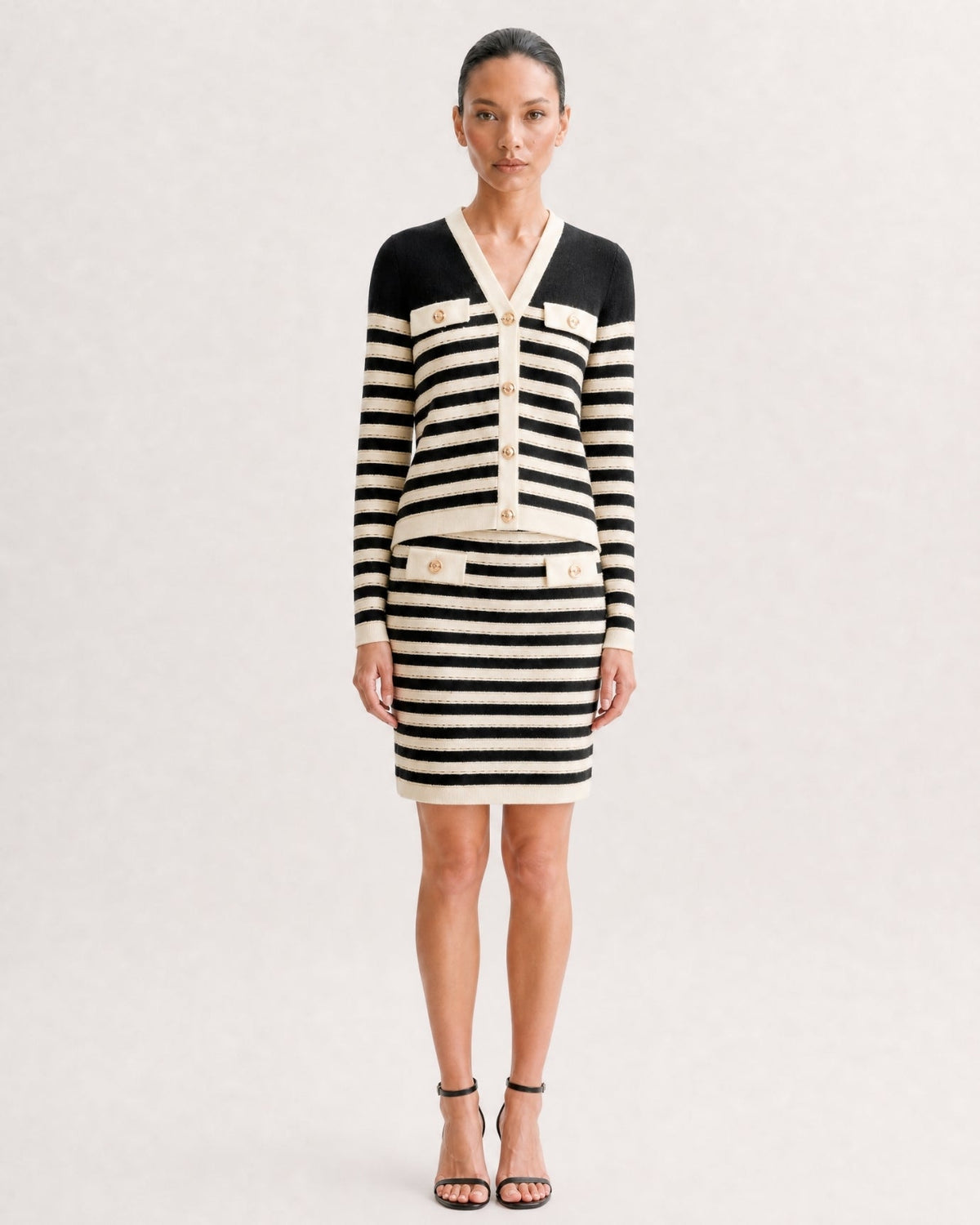 Colour Block Knit Cardigan and Skirt Co-ord Set – Black and Beige – view 2