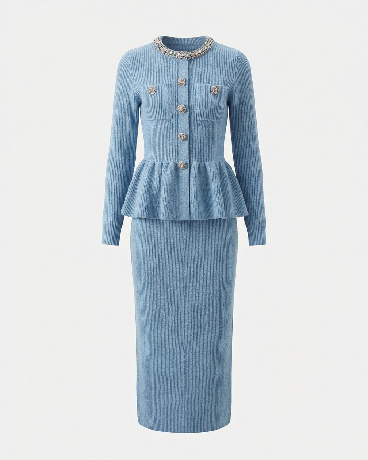 Roma Rhinestone Embellished Knitted Jacket and Skirt Set – Blue – view 1