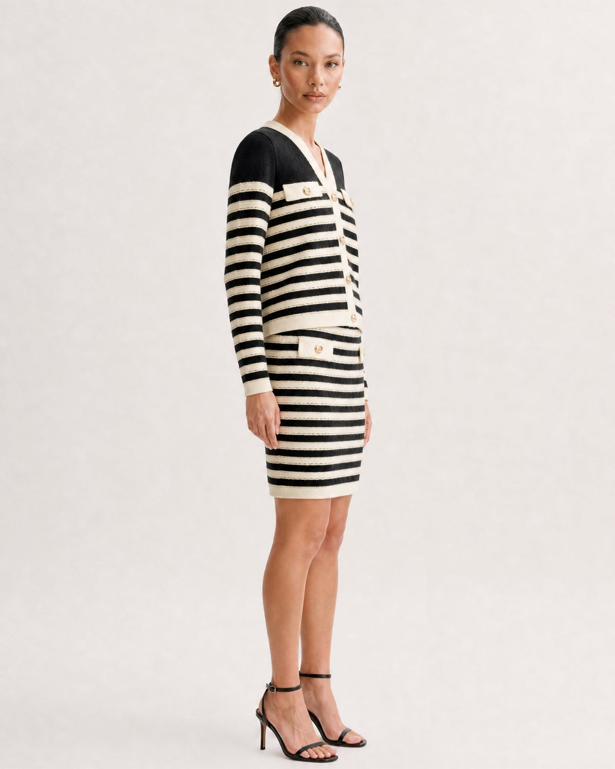 Colour Block Knit Cardigan and Skirt Co-ord Set – Black and Beige – view 3