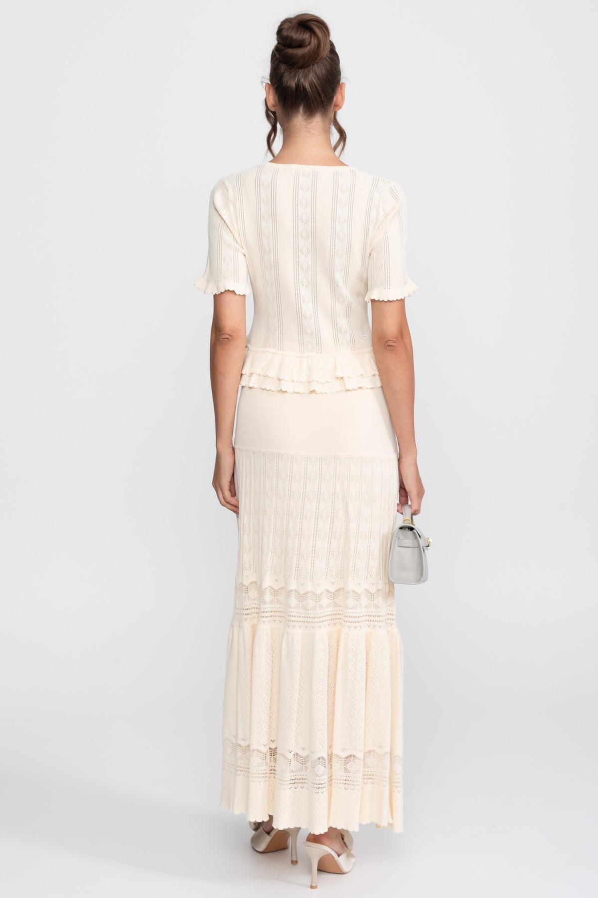 Ruffled Waist Knit Top and Maxi Skirt Set with Pearl Buttons – Ivory – view 3