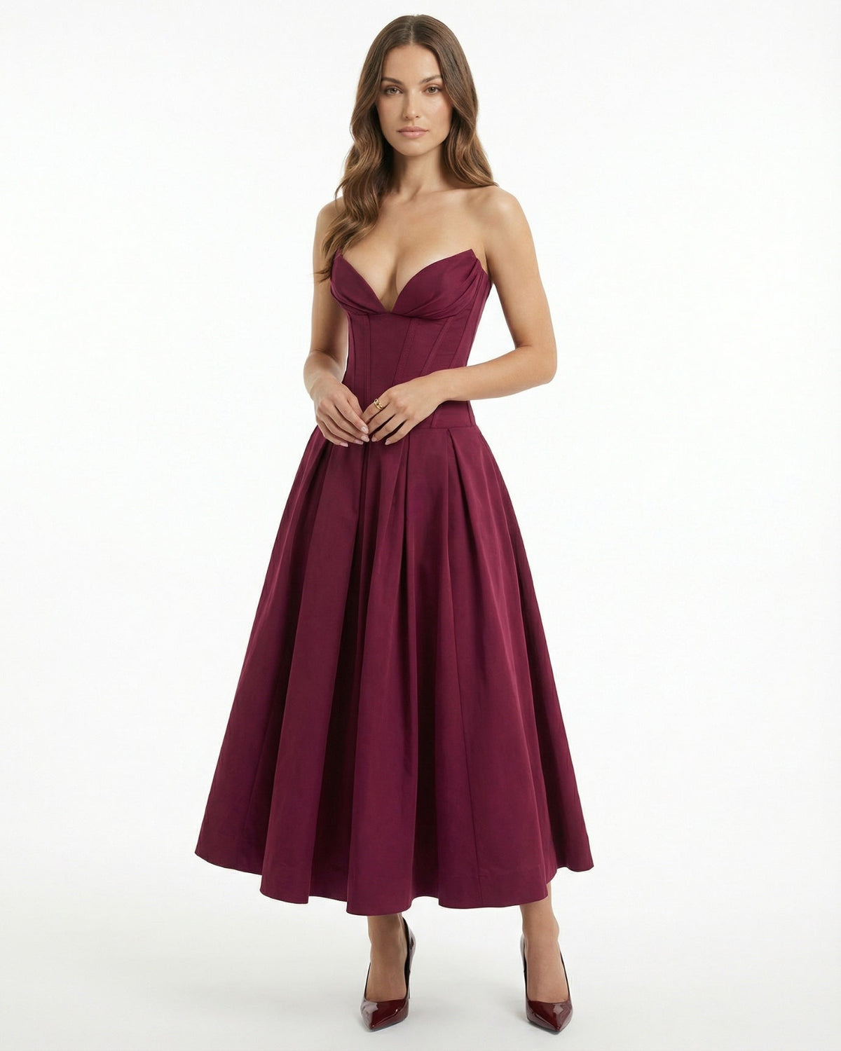 Strapless High Waist Sculpted Bodice Stretch Midi Dress – view 2