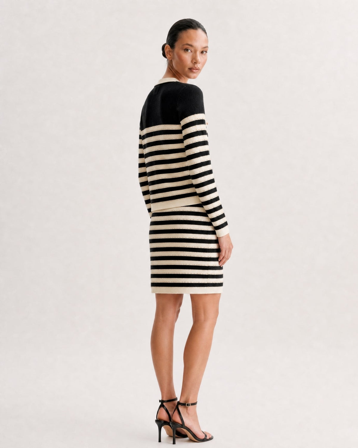 Colour Block Knit Cardigan and Skirt Co-ord Set – Black and Beige – view 4