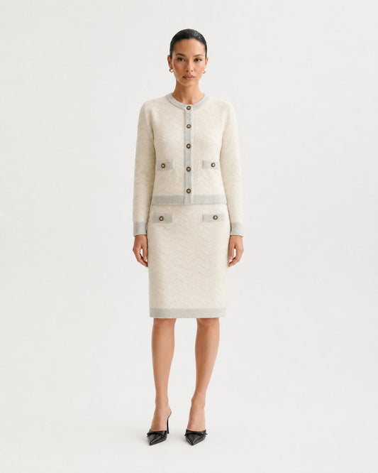 Jacquard Knit Long Sleeve Jacket and Skirt Suit Set – Apricot – view 2