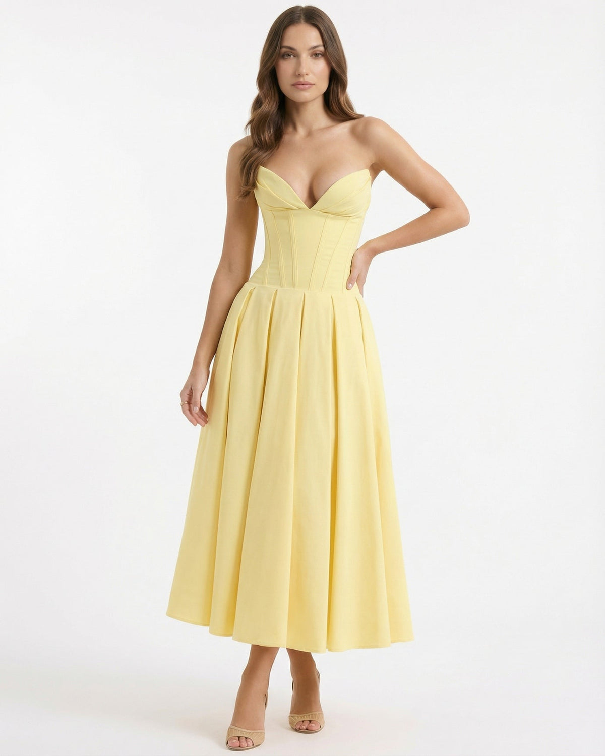 Strapless High Waist Sculpted Bodice Stretch Midi Dress – view 4