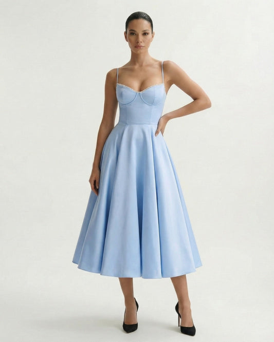 Giulia Duchess Satin Midi Dress with Tulle Underskirt – Light Blue