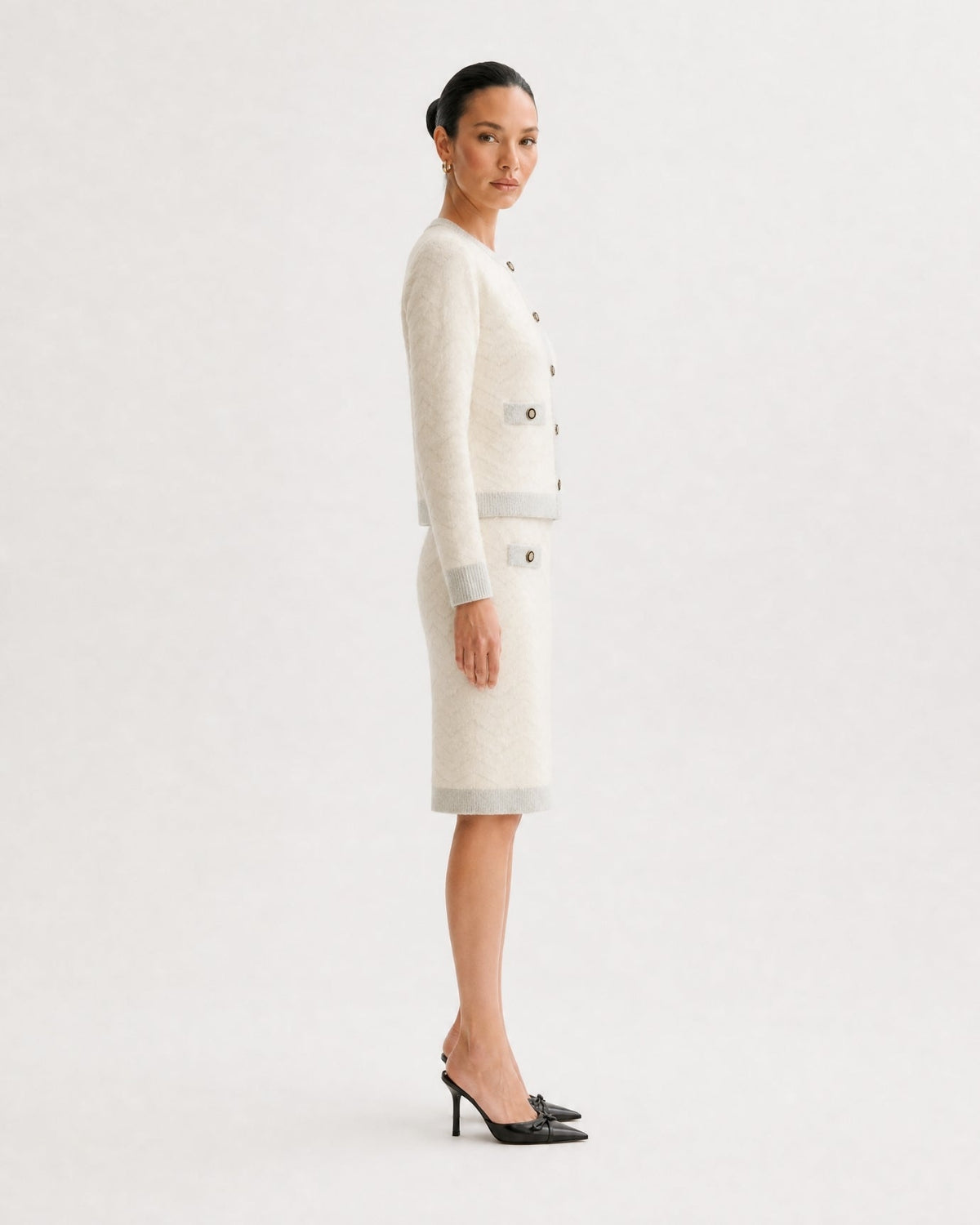 Jacquard Knit Long Sleeve Jacket and Skirt Suit Set – Apricot – view 3