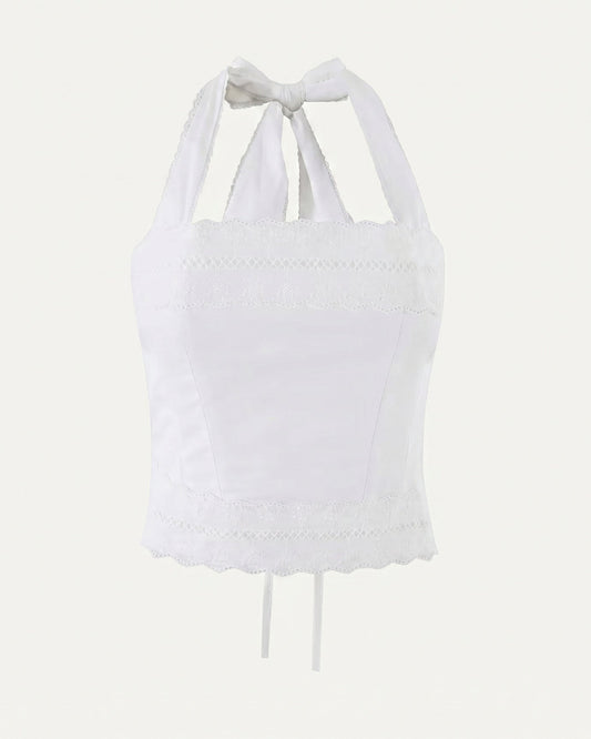 Tailored Lace Patchwork Top with Sheer Panels – White