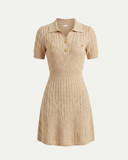 Cira Short Sleeve Knitted Jacquard Dress – Apricot