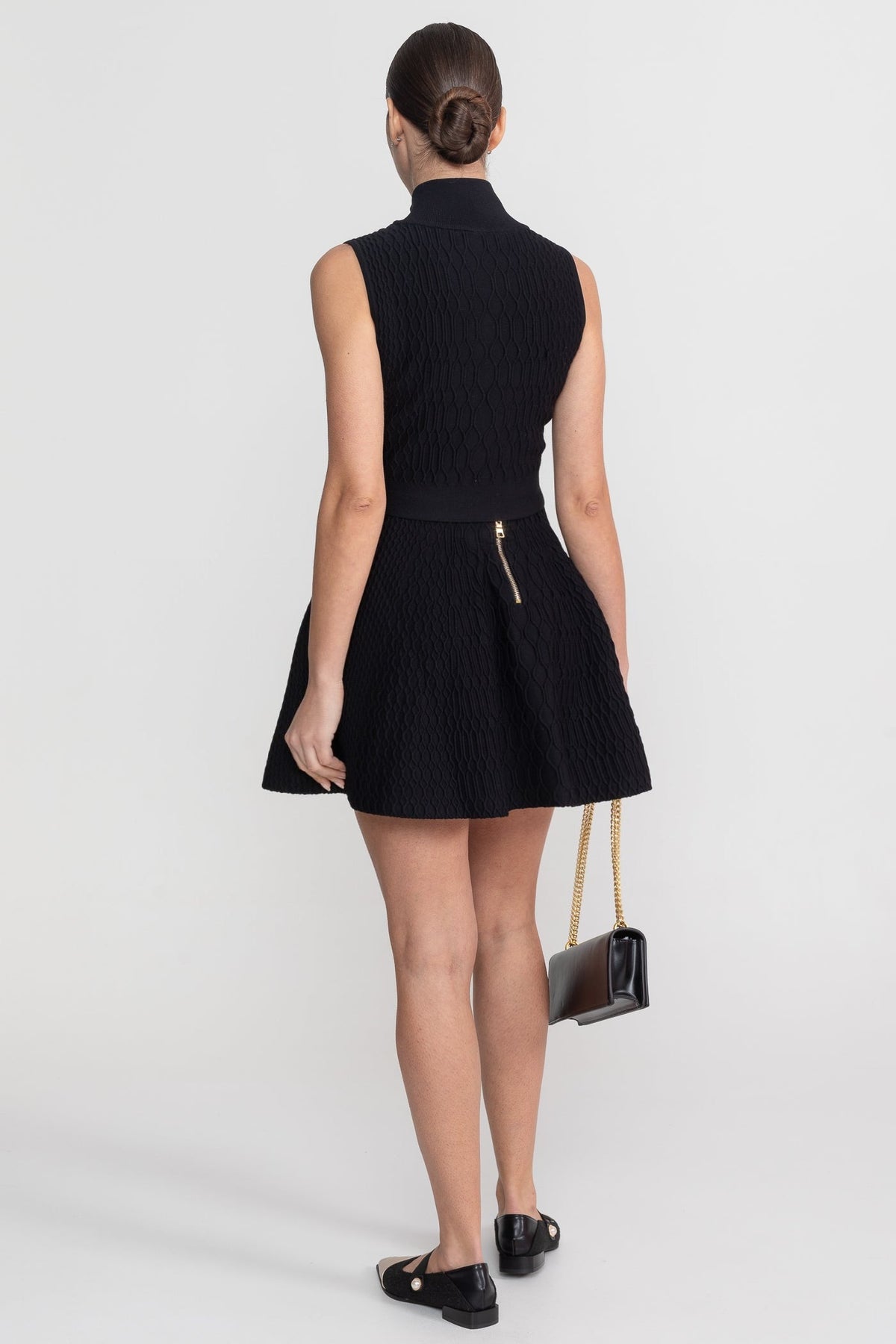 Jacquard Sleeveless High Neck Zip Top and Mini Skirt Set – Black – view 6