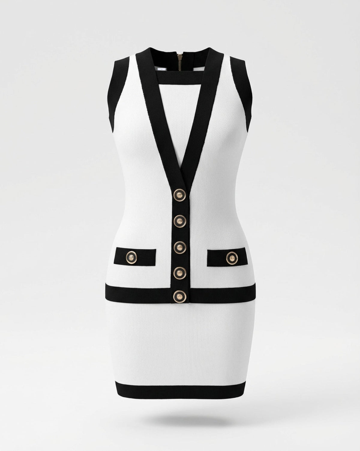 Bodycon Button Detail Stretch Viscose Knit Dress – White – view 1