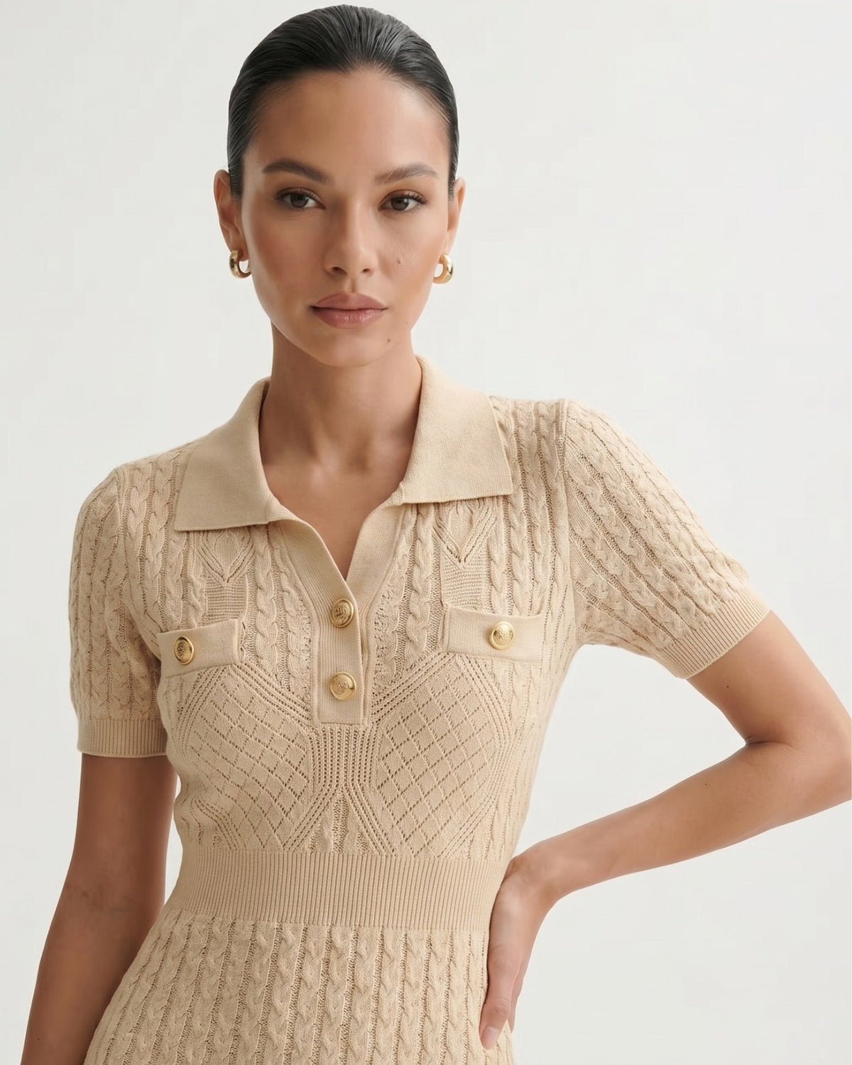 Cira Short Sleeve Knitted Jacquard Dress – Apricot – view 4
