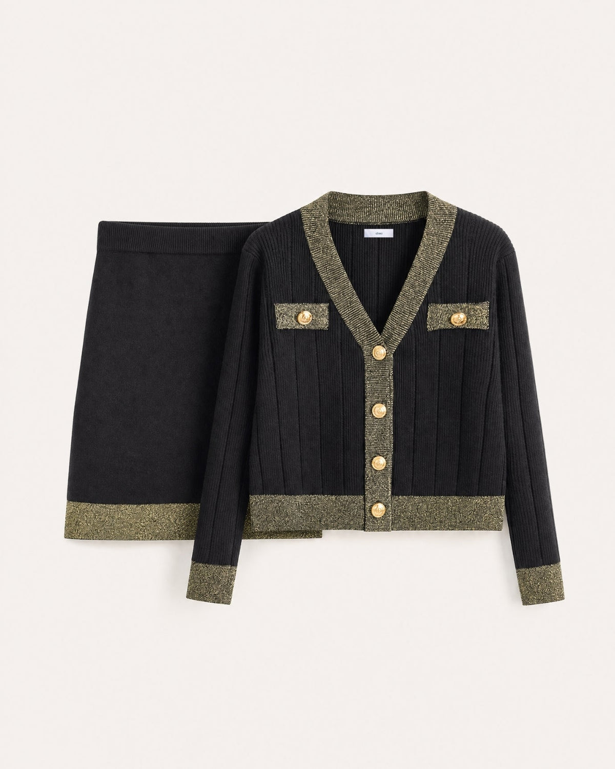 Jacquard Colour Block Knit Cardigan and Skirt Two-Piece Set – Black – view 1