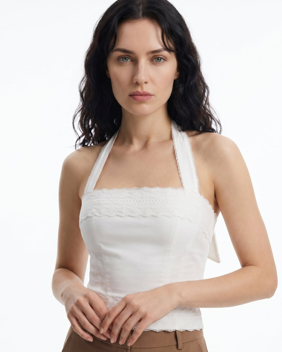 Tailored Lace Patchwork Top with Sheer Panels – White