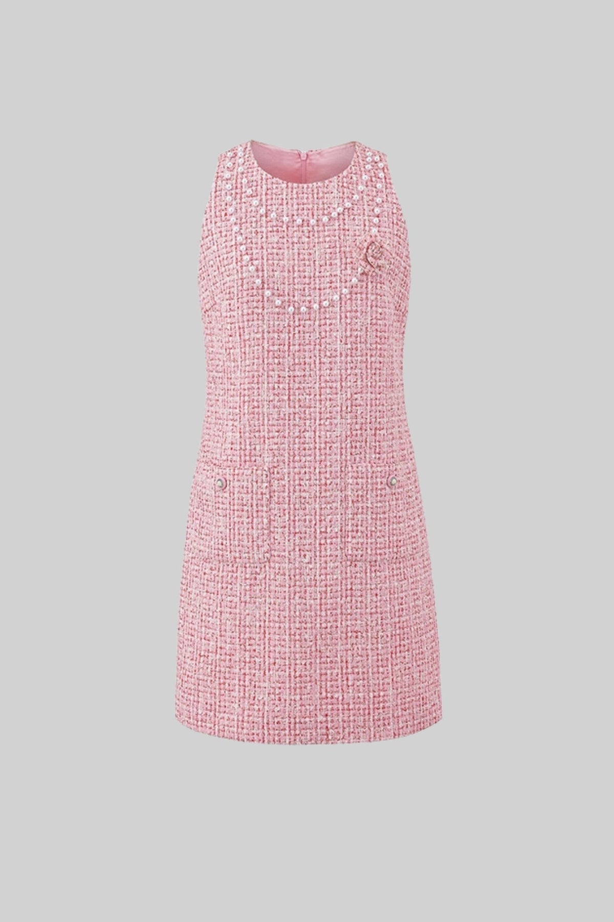 Sleeveless Tweed Mini Dress with Pearl Neckline and Patch Pockets – Pink