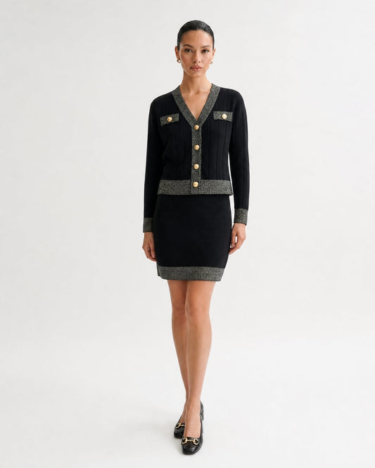 Jacquard Colour Block Knit Cardigan and Skirt Two-Piece Set – Black – view 2