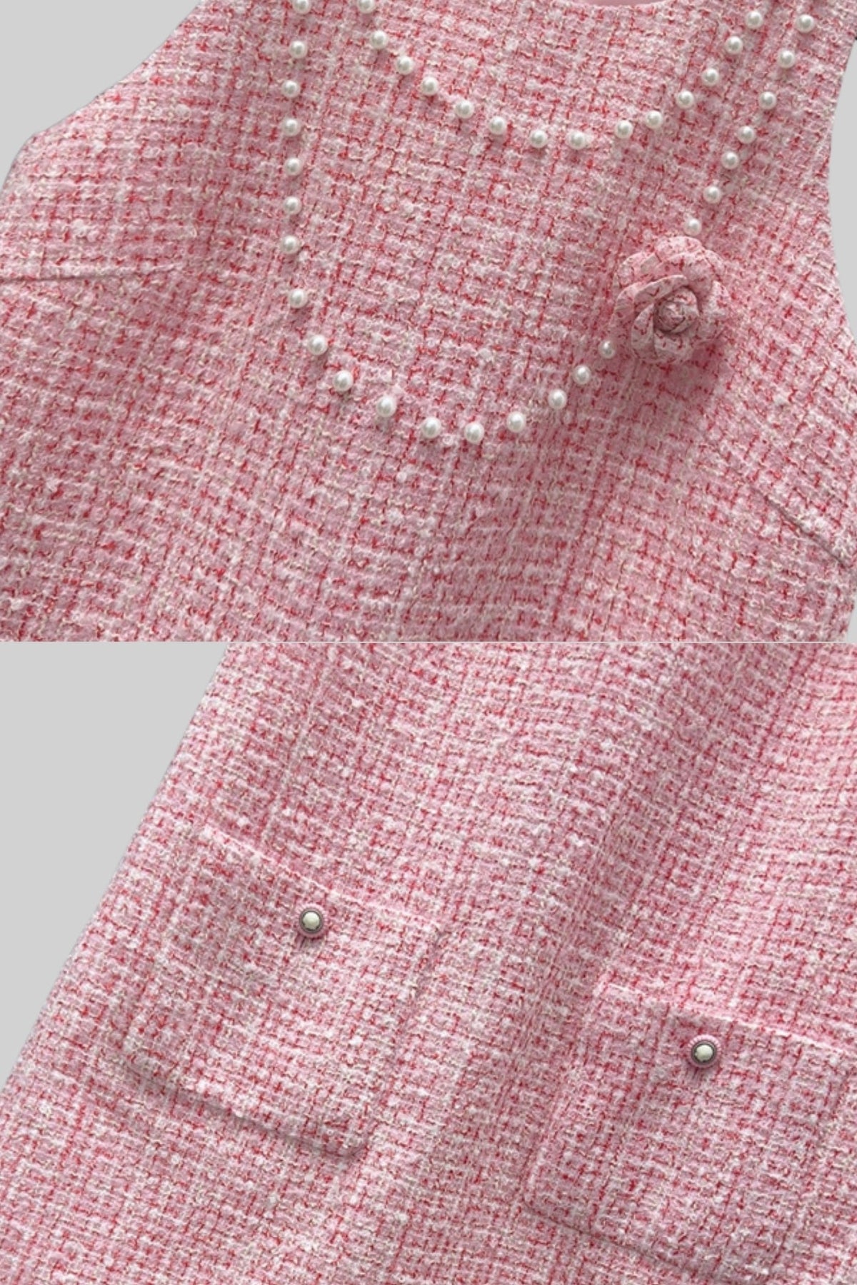 Sleeveless Tweed Mini Dress with Pearl Neckline and Patch Pockets – Pink