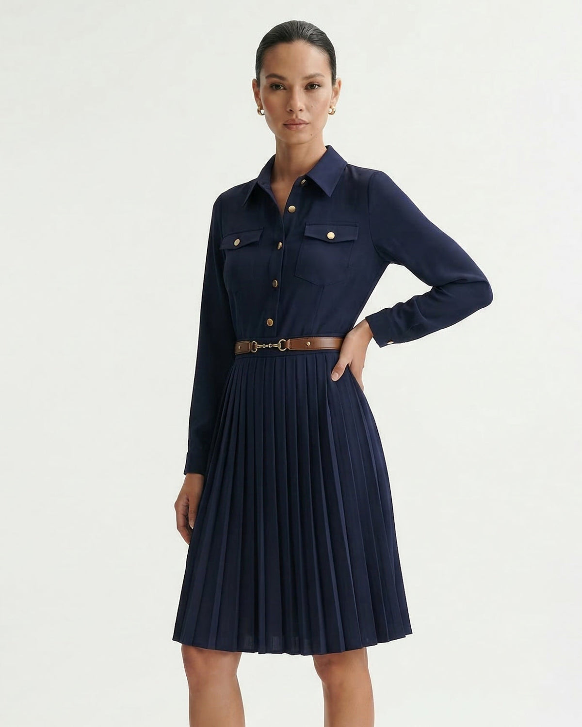 Sara Pleated Skirt Polyamide Dress with Sculpted Fit – view 3