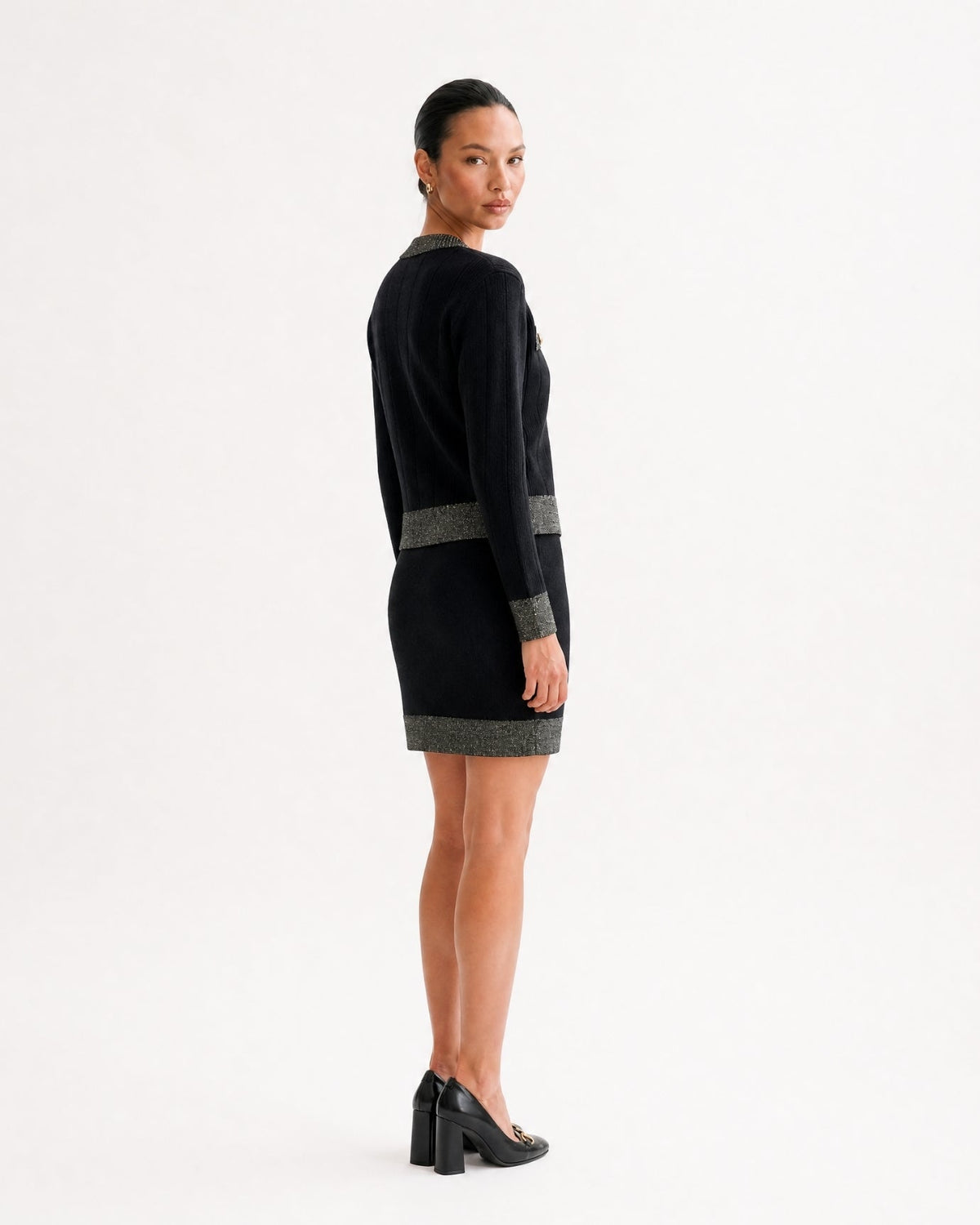 Jacquard Colour Block Knit Cardigan and Skirt Two-Piece Set – Black – view 4