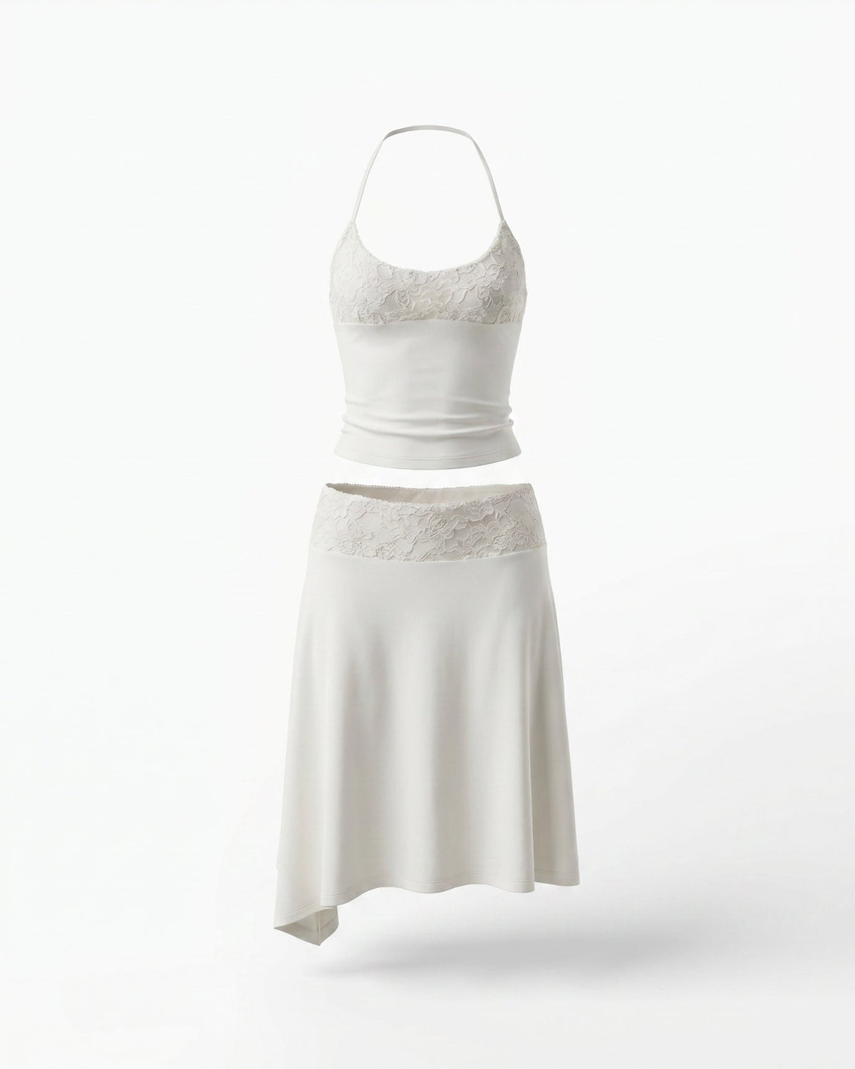 Mary Retro Lace Panelled Top and Skirt Set – White