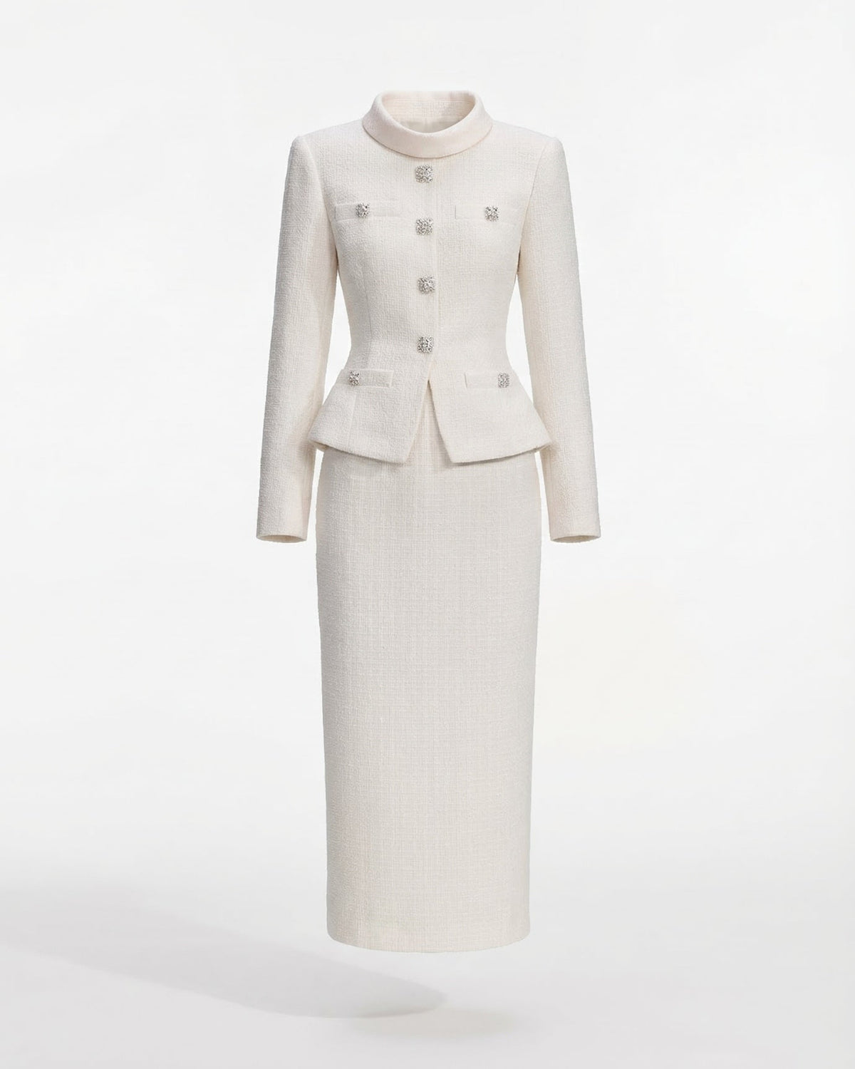 Textured Two-Piece Set with Embellished Collar and Waist – White – view 1