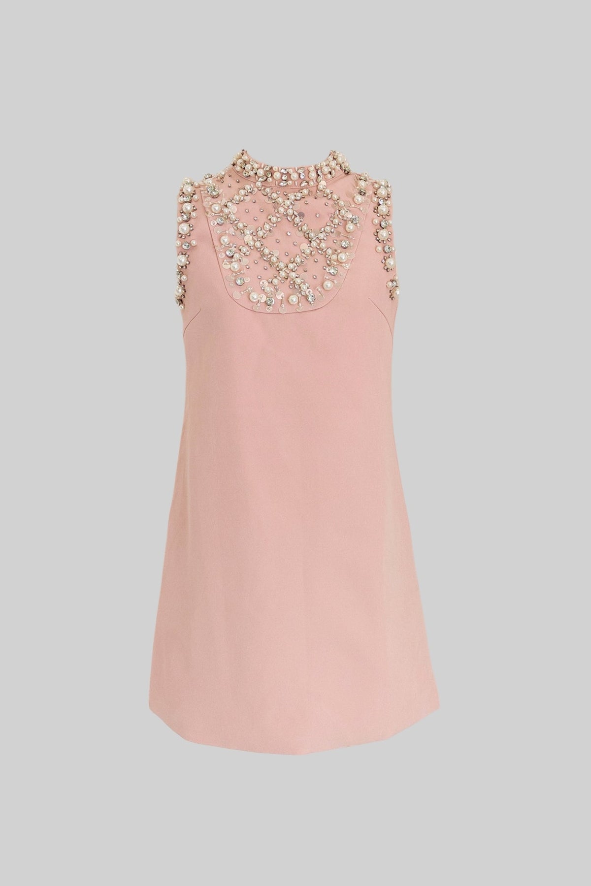 Pearl and Crystal Embellished High Neck Sleeveless Mini Dress – Blush Pink – view 2