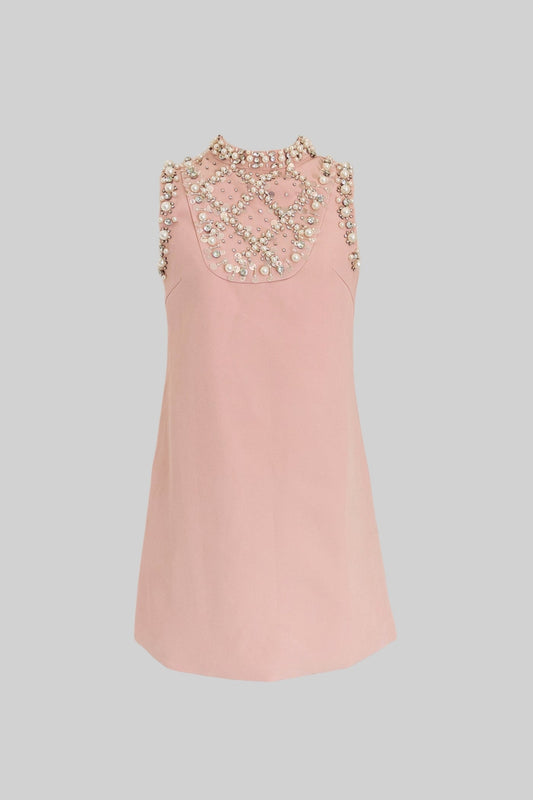 Pearl and Crystal Embellished High Neck Sleeveless Mini Dress – Blush Pink