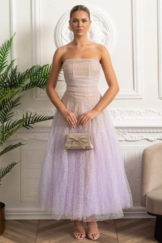 Strapless A-Line Midi Dress with Shimmering Tulle Overlay – Lilac Gradient