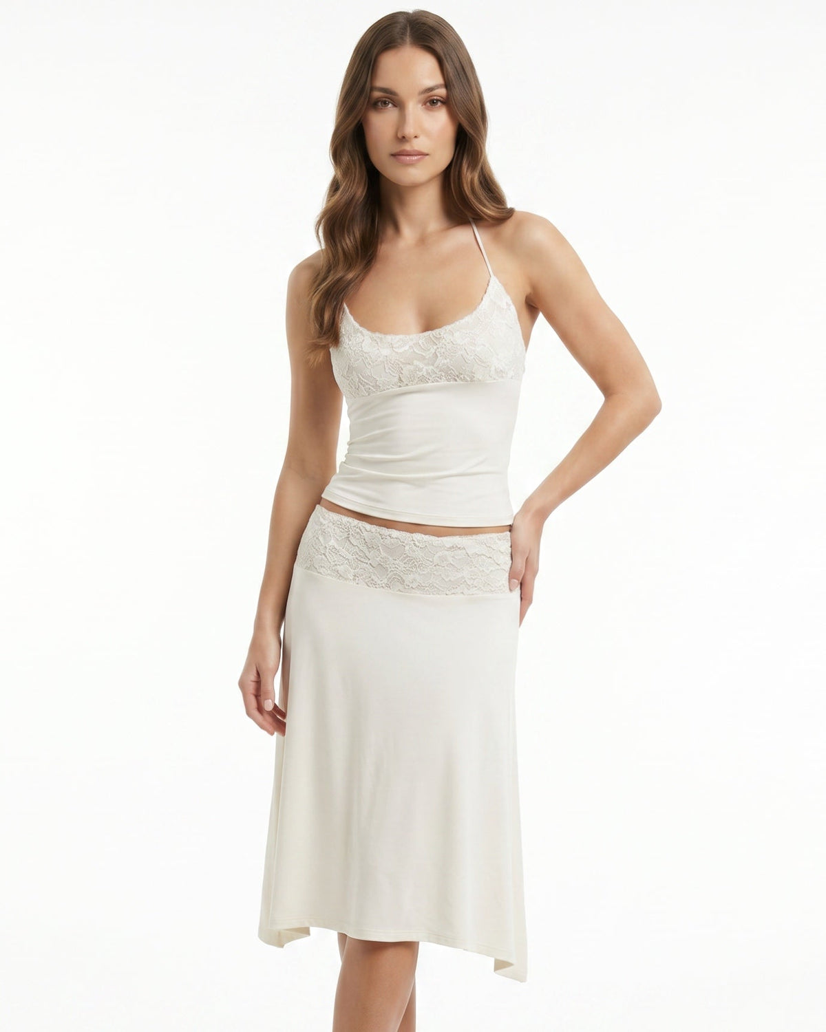 Mary Retro Lace Panelled Top and Skirt Set – White