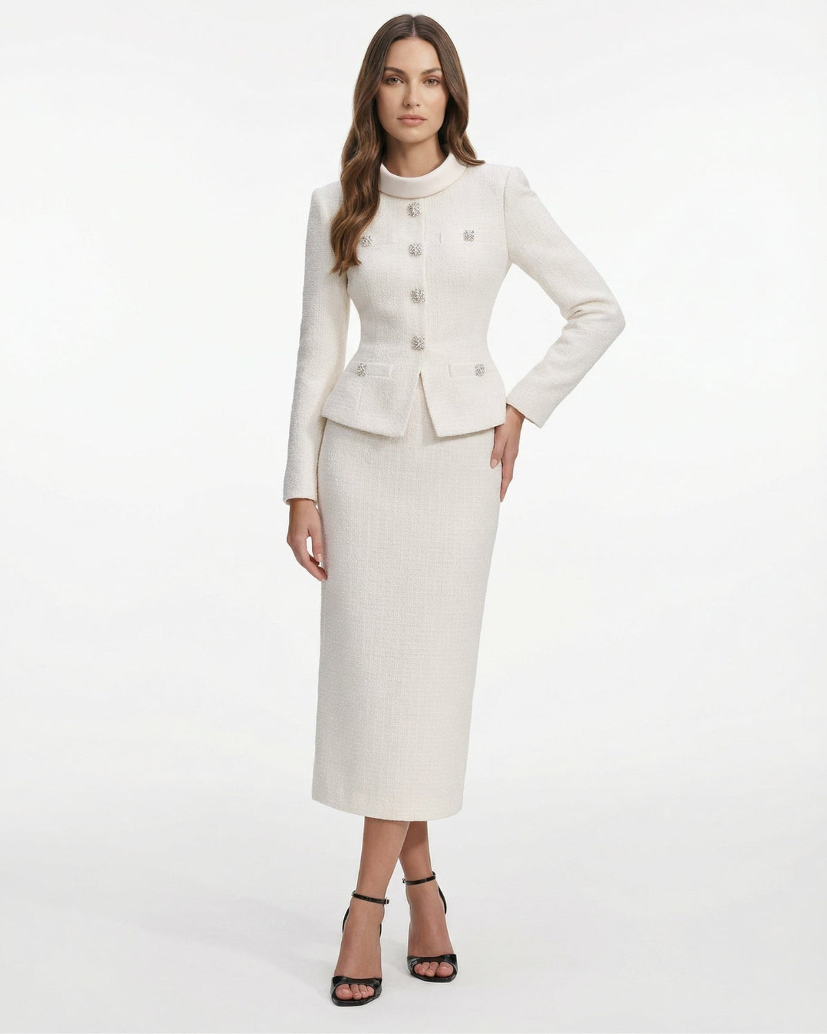 Textured Two-Piece Set with Embellished Collar and Waist – White