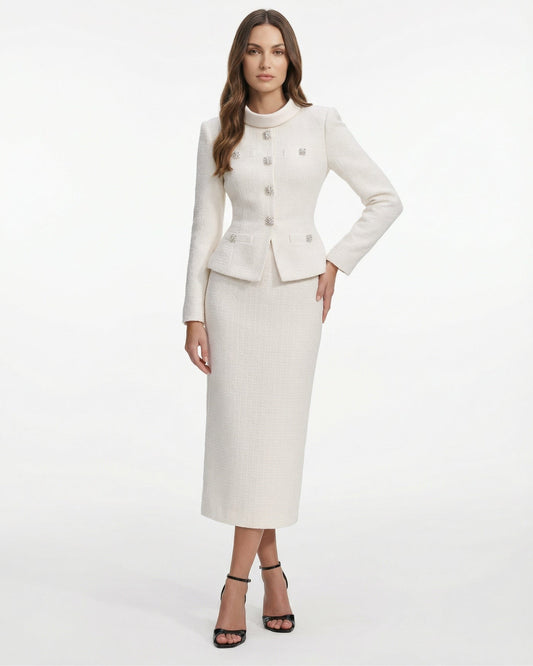 Textured Two-Piece Set with Embellished Collar and Waist – White