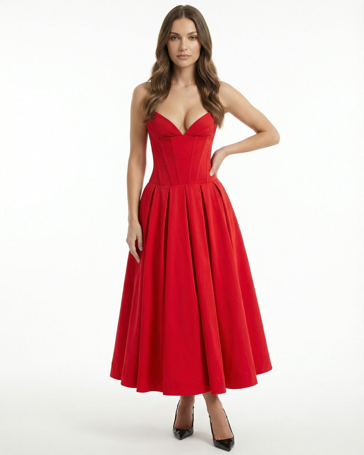 Strapless High Waist Sculpted Bodice Stretch Midi Dress – view 10
