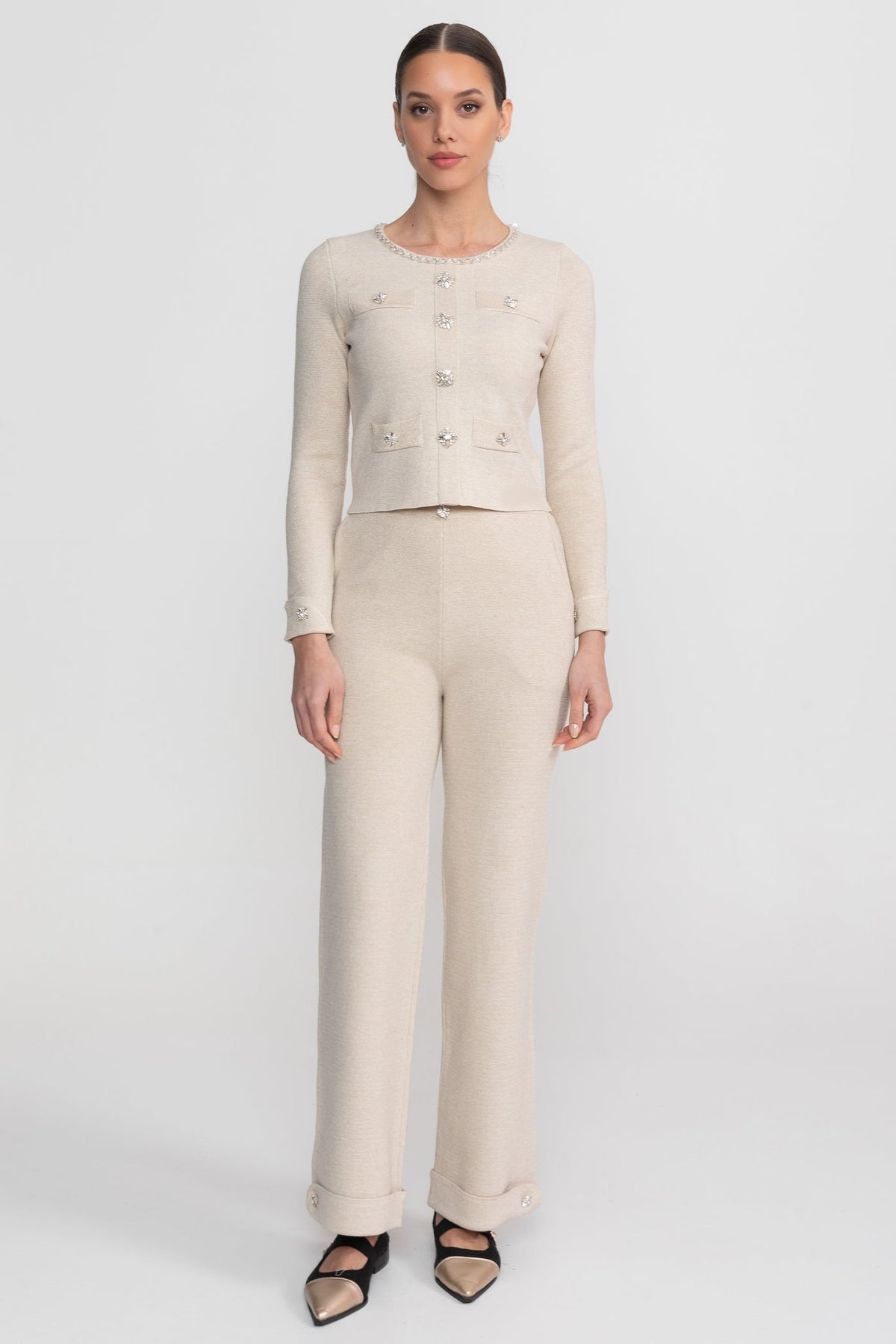 Embellished Cropped Knit Cardigan and Wide Leg Trousers Set – Beige
