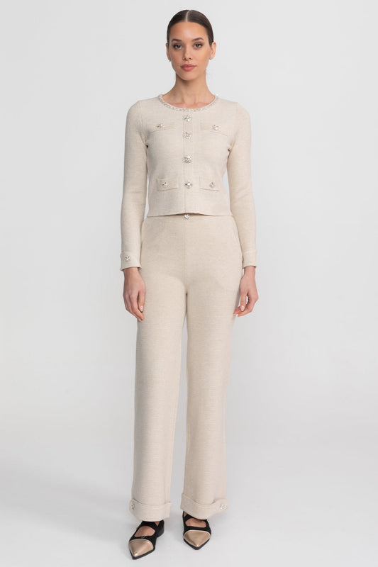 Embellished Cropped Knit Cardigan and Wide Leg Trousers Set – Beige