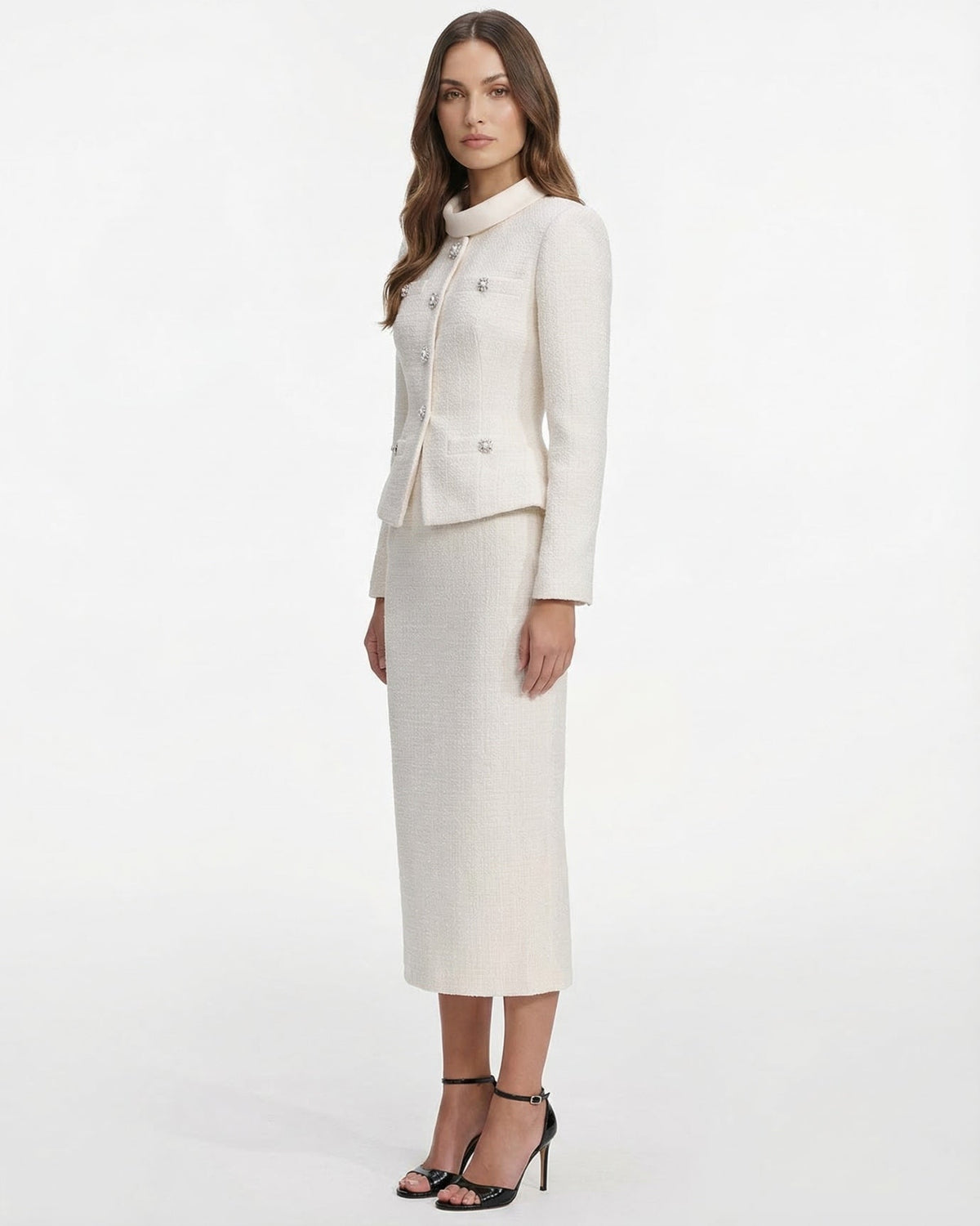 Textured Two-Piece Set with Embellished Collar and Waist – White