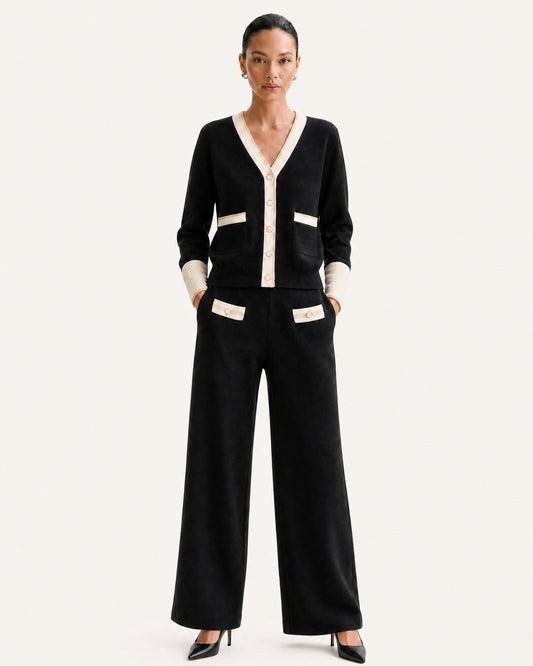 Jacquard Knit Cardigan and Wide Leg Trousers Co-ord Set – Black – view 2