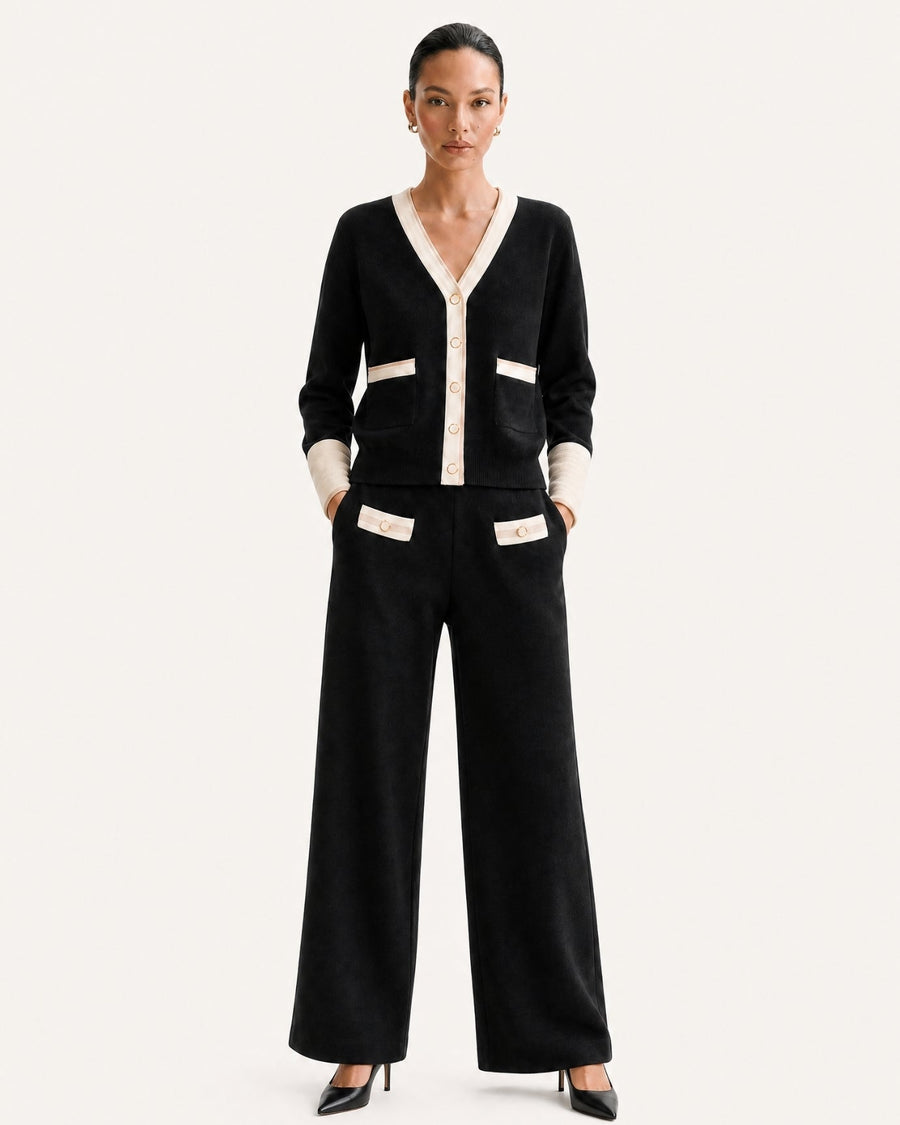 Jacquard Knit Cardigan and Wide Leg Trousers Co-ord Set – Black