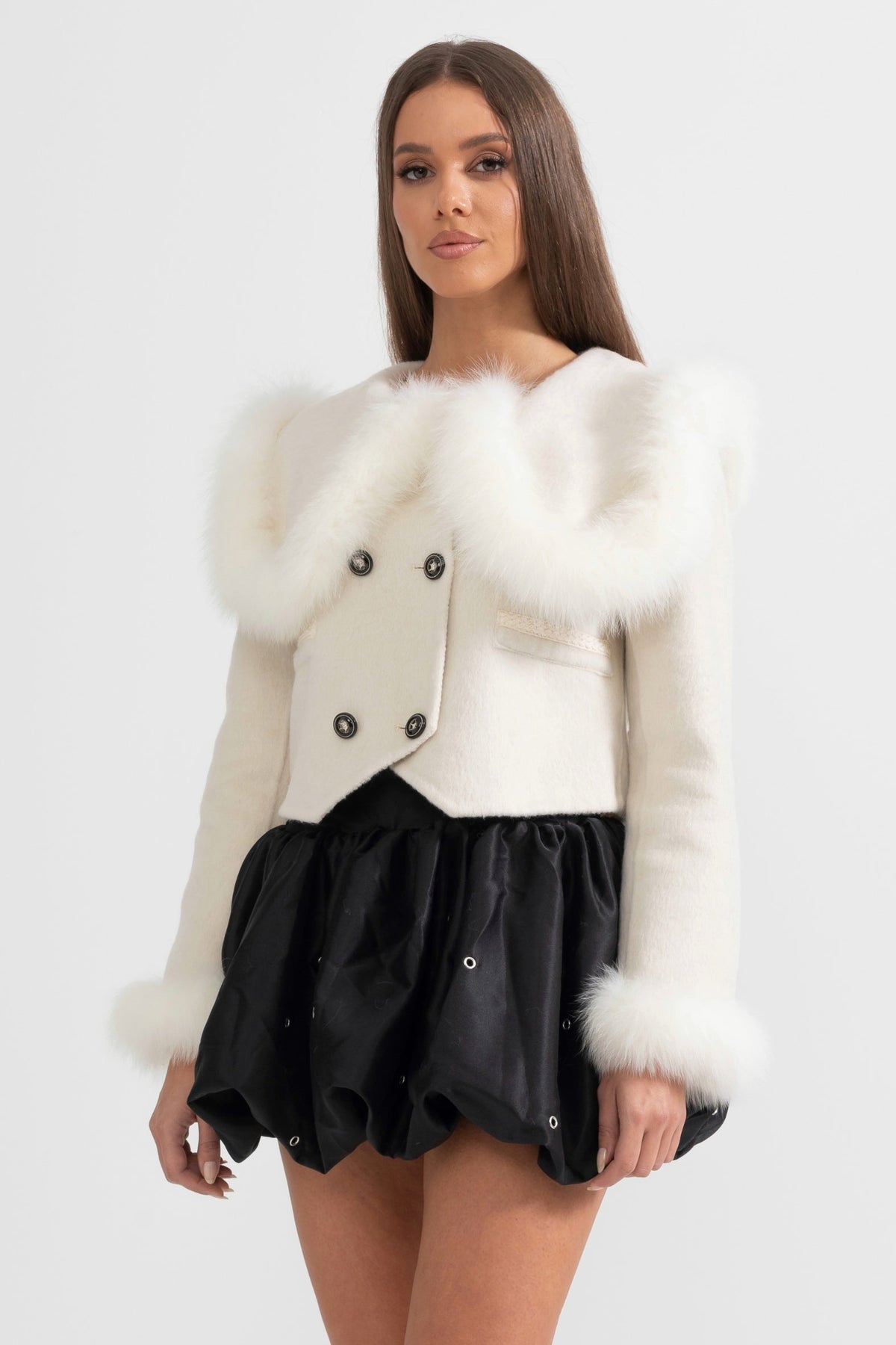 Double-Breasted Cropped Jacket with Trimmed Collar and Cuffs – White – view 1