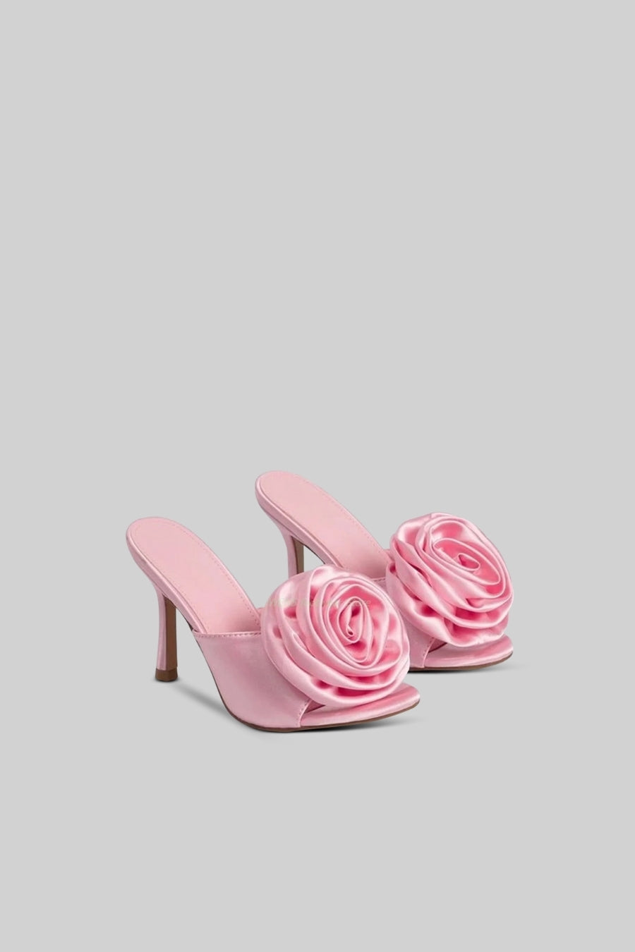 Satin Heeled Sandals with Flower Pom Pom Detail – Pink
