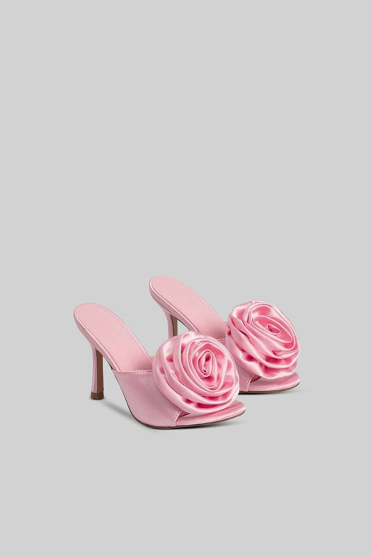 Satin Heeled Sandals with Flower Pom Pom Detail – Pink