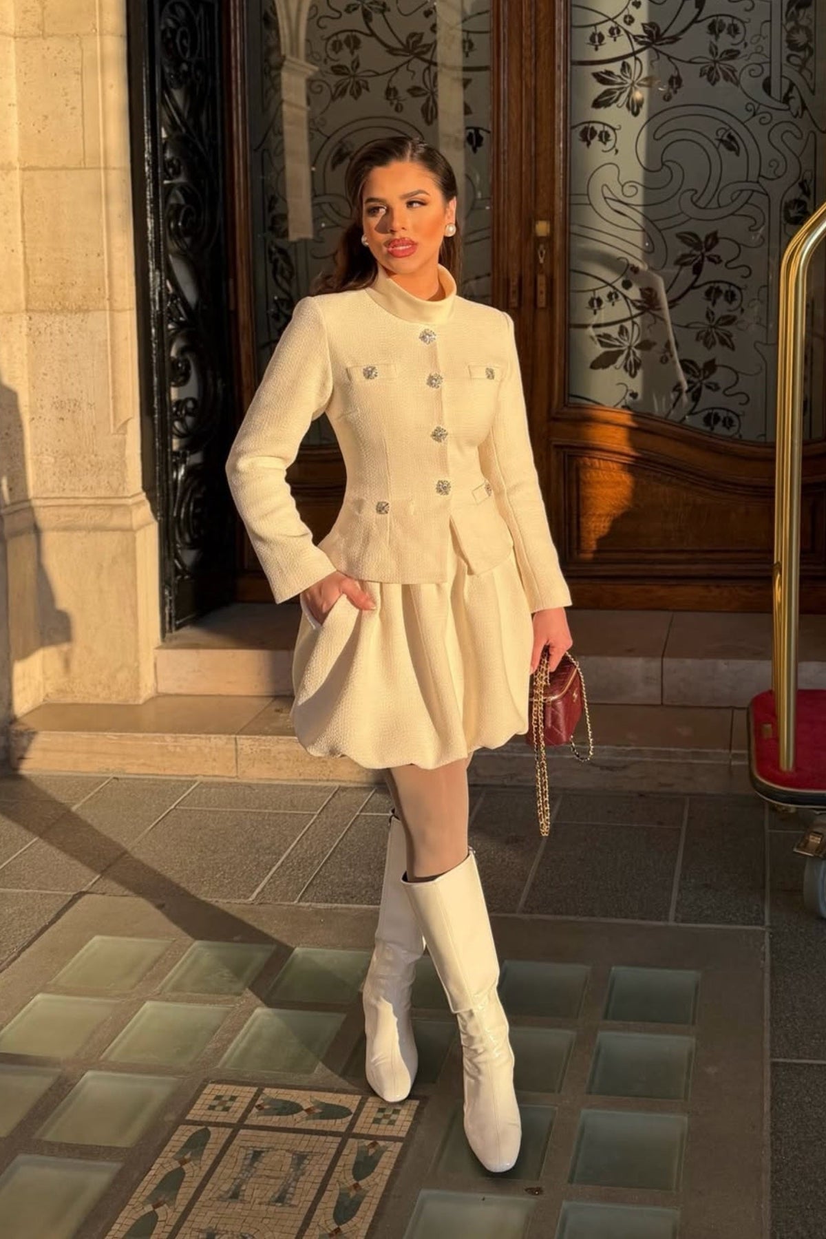 High Neck Long Sleeve Textured Mini Dress with Crystal Buttons – Ivory – view 5