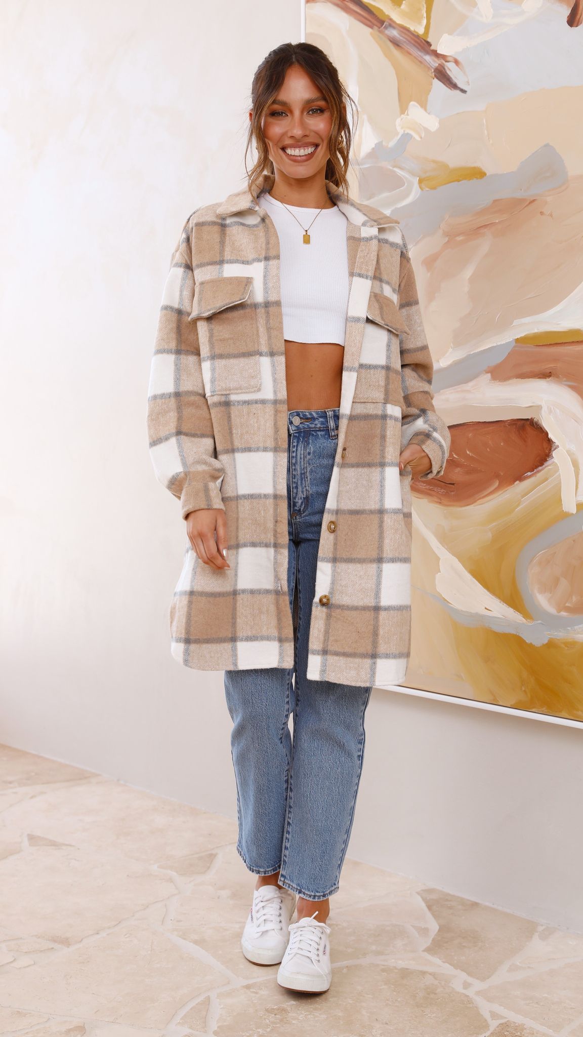 Saskia Oversized Longline Collared Jacket – Beige/Cream Check – view 11