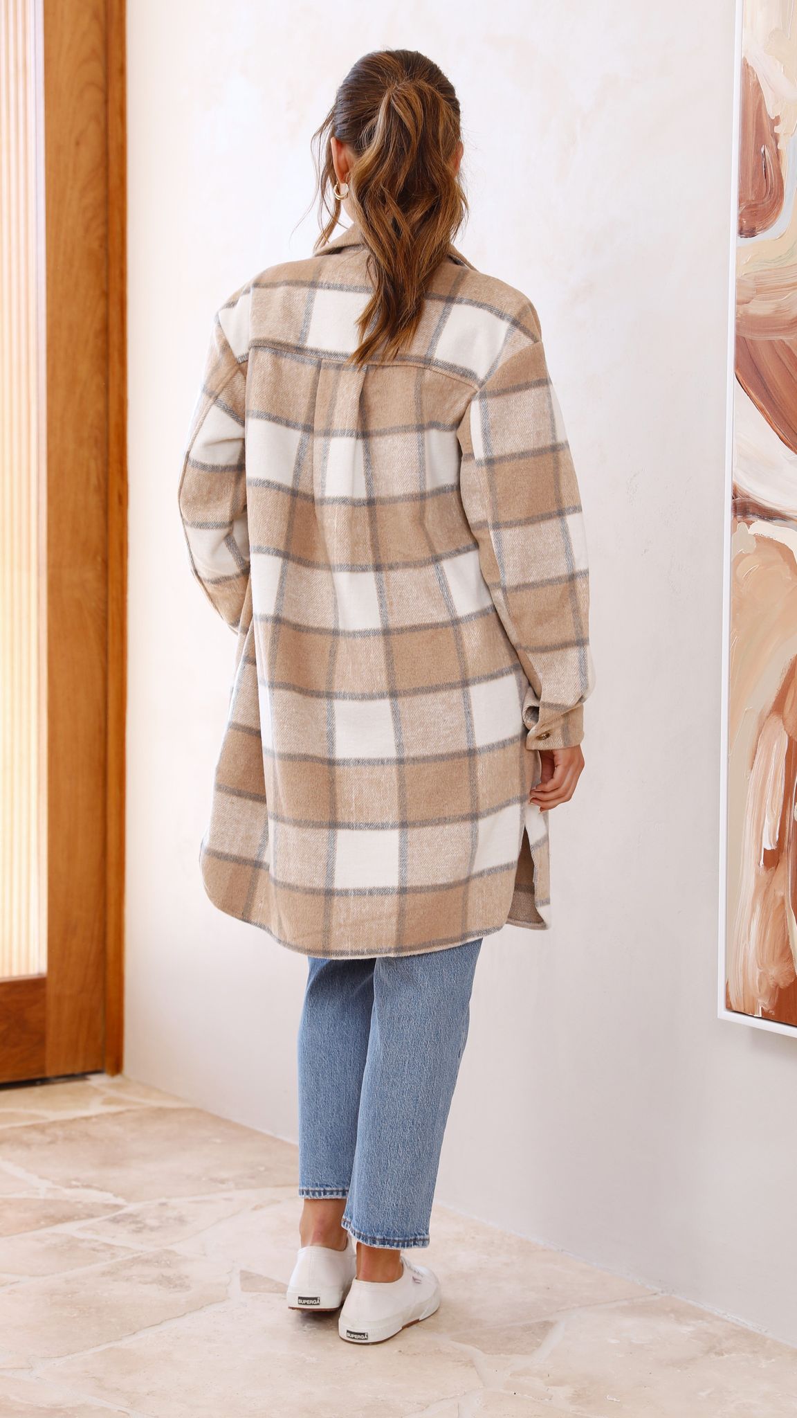 Saskia Oversized Longline Collared Jacket – Beige/Cream Check – view 7
